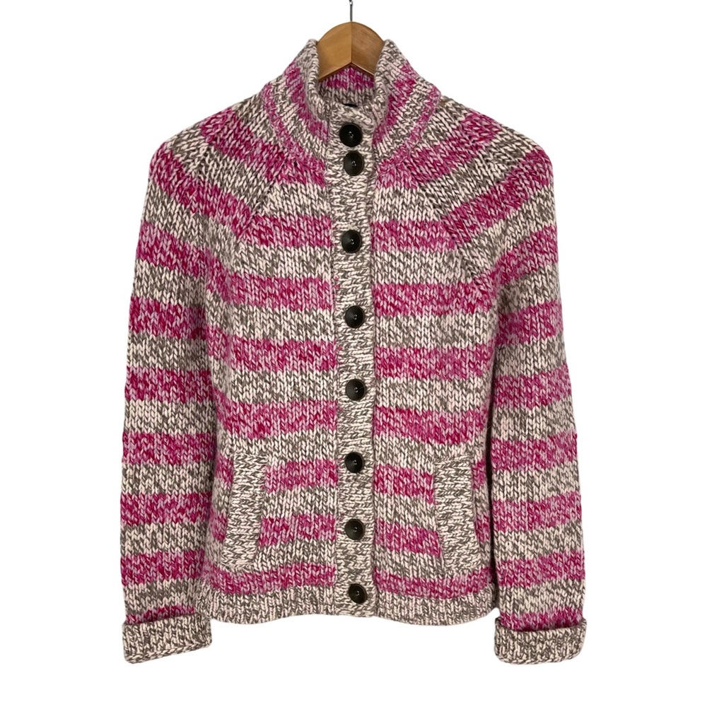 French Connection Pink, Gray & Cream Striped Knit Button-Front Cardigan